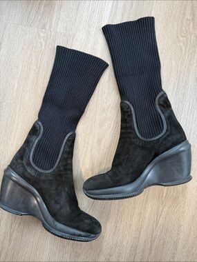 Hogan Black Suede Knit Sock Wedge Boots EU 39 US 8.5 Italy